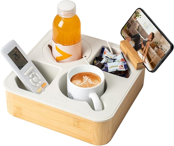 Couch Cup Holder Tray, Bamboo Couch Caddy with Rotatable Phone Holder for Bed Organizer, Waterproof Anti-spill Sofa Cup Holder for Snacks Beverage Remote White by Hitseon