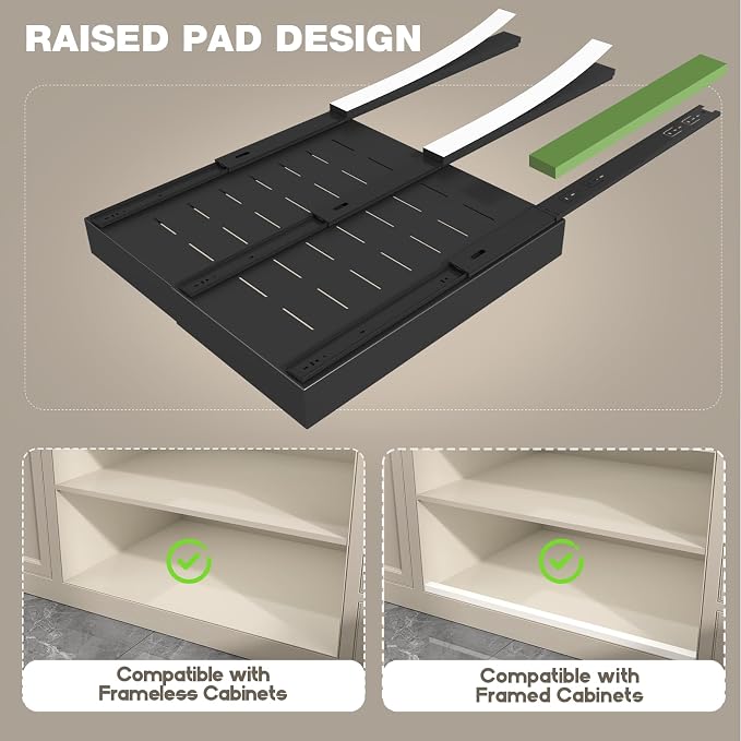 Seinloes 2 Pack Pull Out Cabinet Organizer 22" Deep,Full Extension 3 Slide Rails Slide Out Drawers With Raising Pad for Framed Cabinets,Expandable Width (12.3"-20.5"),No Drill Roll Out shelf,Black - Image 3