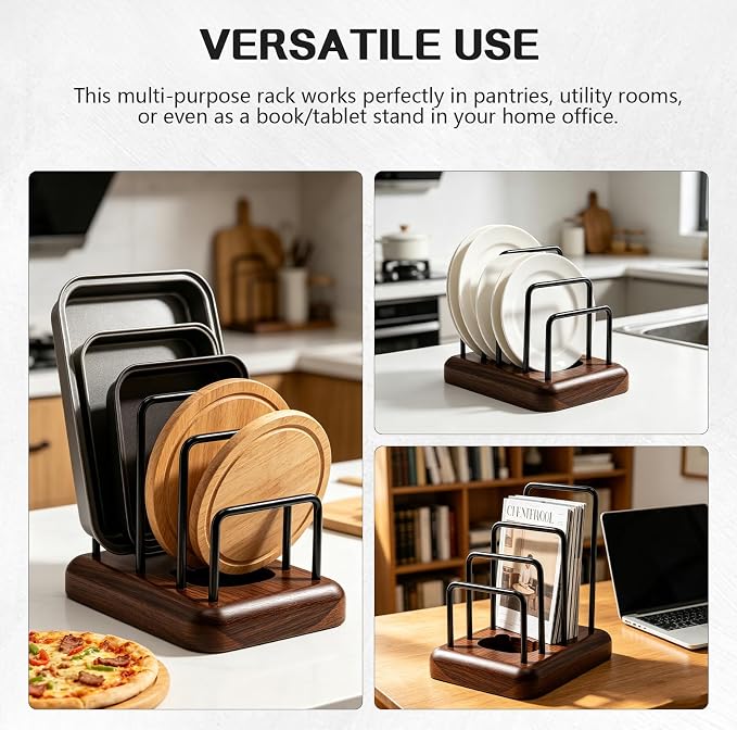 Chopping Board Rack with Walnut Base – 3 Slot Wood Cutting Board Holder | Pot Lid Stand, Baking Trays Pans Plates Cabinet Storage Divider Accessory for Home Countertop Kitchen Storage & Organizer - Image 5