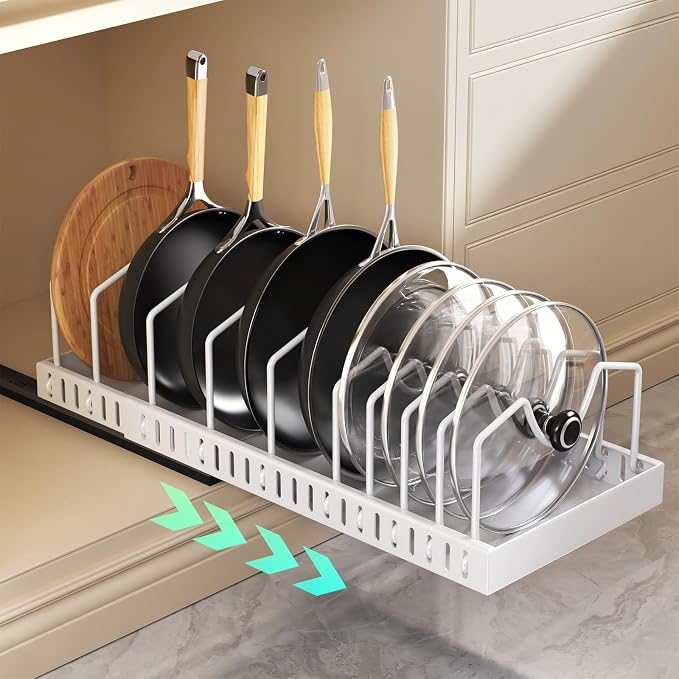 Pull Out Pots and Pans Organizer Under Cabinet, Expandable Sliding Lid Holder and Pan Rack for Kitchen, Slide Out Inside Cabinet for Pot Lid, Bakeware, Dishes, 10 Adjustable Dividers, 1 Pack White by Lozovincablemanagementtray