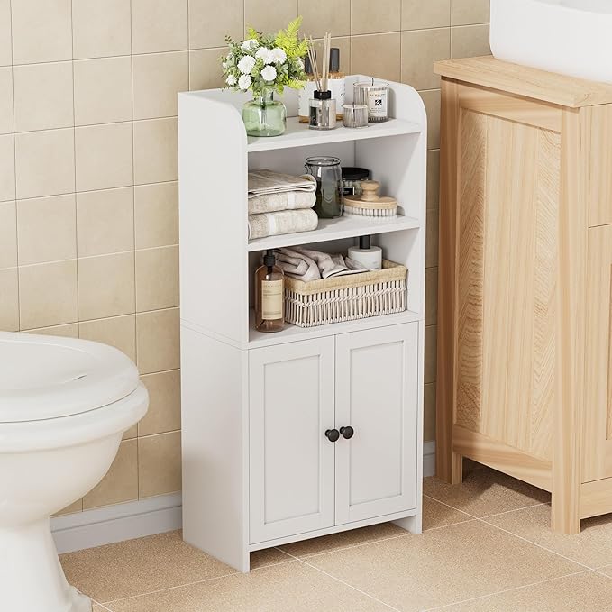 Homhedy Small Bathroom Storage Cabinet, Toilet Paper Storage Cabinet | Bathroom Floor Cabinet with Doors and Shelves, Bathroom Organizers for Small Spaces, 7.9" D x 14.6" W x 31" H, White by Homhedy