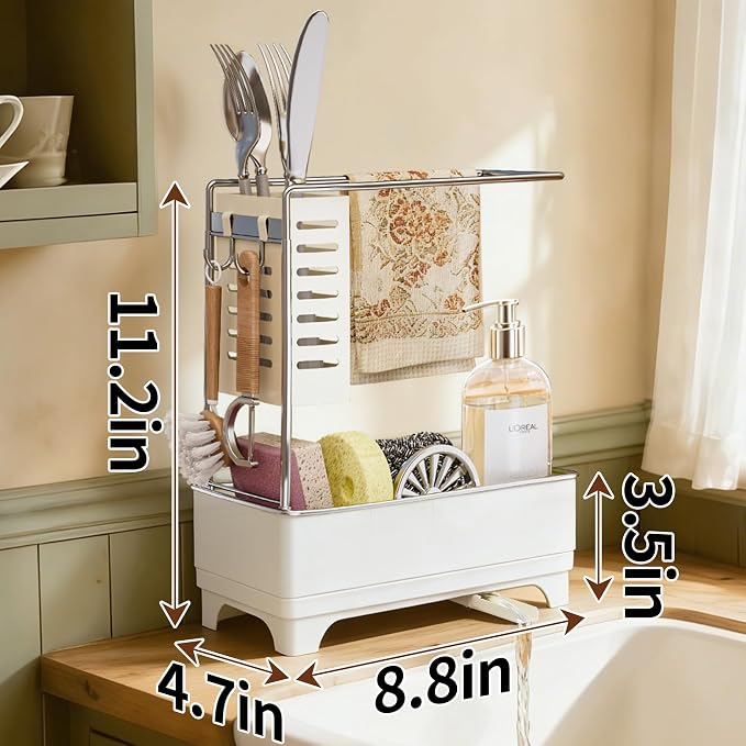 MOUKABAL 2-Tier Sponge Holder for Kitchen Sink Caddy Organizer,Off-white | Large Capacity/Rustproof Stainless Steel/360° Rotating Drain Keeps Counter Dry/Holds Sponge & Soap Bottle/Easy-Clean Tray - Image 3