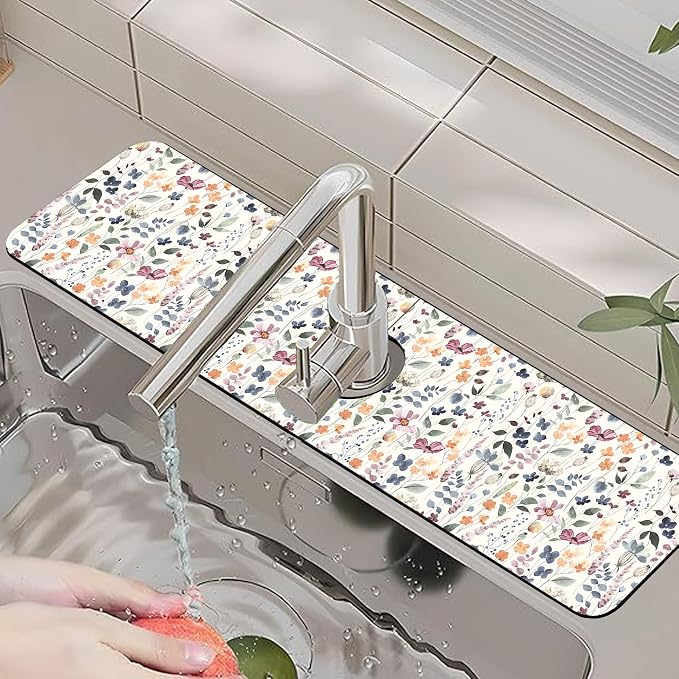 Kitchen Faucet Mat Watercolor Multicolor Botanical Plants Sink Splash Guard Behind Faucet Draining Mat Kitchen Accessories Non-slip Easy to Clean for Bathroom & Kitchen 24"X5.5" - Image 6
