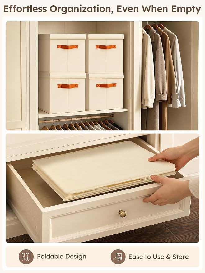 Storage Bins with Lids - Fabric Storage Baskets for Shelves, 6 Pack Foldable Decorative Boxes with Handles, Stackable Organizer Bins for Home, Nursery, Dorm, Beige - Image 4