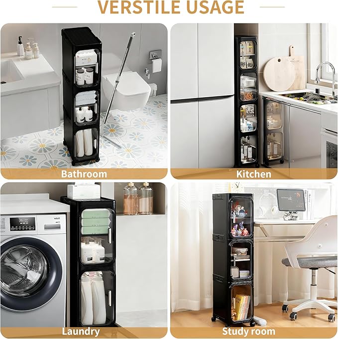 4-Tier Tall Narrow Slim Bathroom Storage Cabinet, Black | Tool Free Assembly, Adjustable Shelves, Fits for Narrow Spaces, Reinforced Stability, Magnetic Clear Door - Image 5