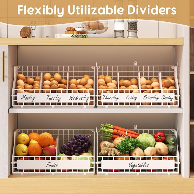 Egg Holder Countertop with 5 Dividers & DIY Labels to Separate Eggs, 2-Tier Stackable Wire Baskets, XXL Egg Basket for Gathering Fresh Eggs - Egg Organizer for Wall-Mounted(Patent Pending), White - Image 5