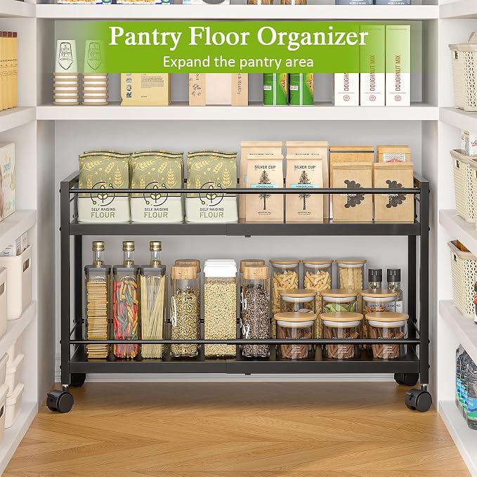 1 Pack 2-Tier Expandable Pantry Floor Organizer Cart, Rolling Pantry Storage Cart with Wheel, Adjustable Can Organizer for Kitchen Pantry, Pantry Shelves and Storage Rack for Snacks, Vegetables, Black - Image 7