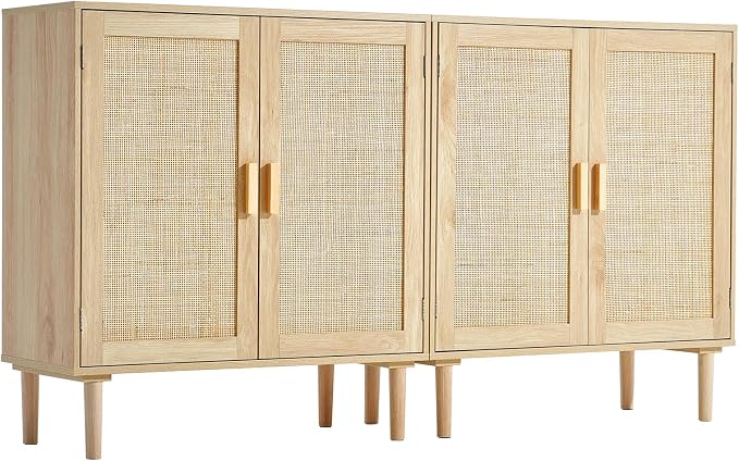VEVOR Rattan Buffet Cabinet with Storage, 4 Magnetic Doors and Adjustable Shelves, Sideboard for Hallway, Living Room, Kitchen, Natural - Image 9