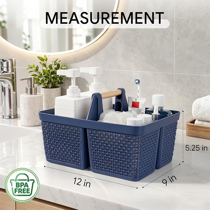 UUJOLY Portable Plastic Shower Caddy Basket with Wooden Handle, Dark Blue | Divided Storage Organizer Tote for Bathroom, Dorm, College, Kitchen & RV – Lightweight, Easy-Carry Essentials Caddy - Image 5