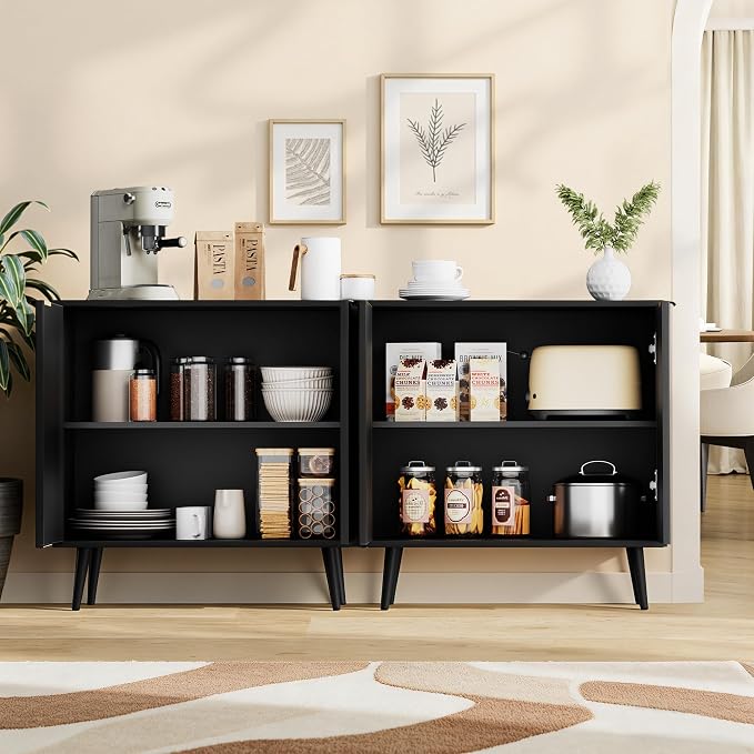 Fluted Storage Cabinet, Buffet Cabinet with Storage, Wood Sideboard with Adjustable Shelf, Modern Accent Cabinet & Console Table for Entryway, Living Room, Dining Room, Black - Image 4