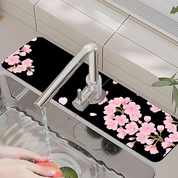 Faucet Mat for Kitchen Sink Romantic Cherry Blossoms Sink Splash Guard Behind Faucet Soft Diatom Mud Material Non-slip Easy to Clean for Bathroom & Kitchen 24"X5.5" - Image 6