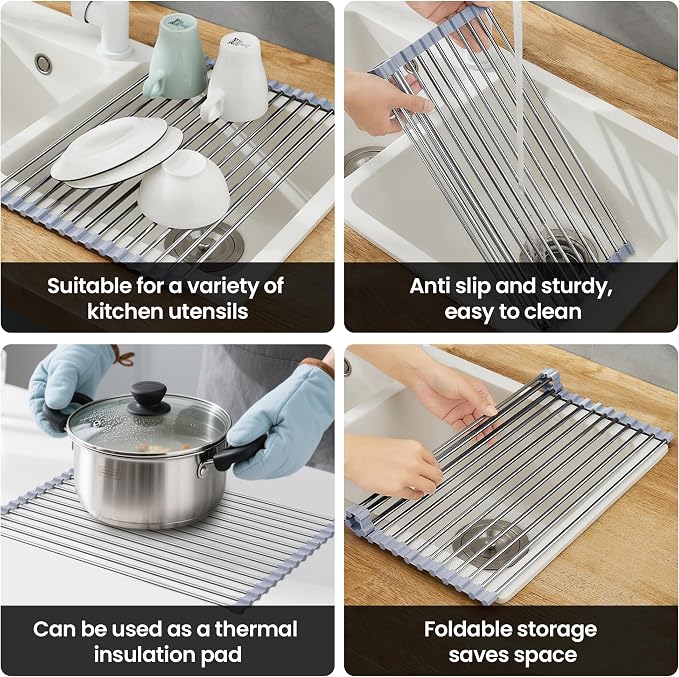 Roll Up Dish Drying Rack for Sink, Over Sink Dish Rack 17 x 15.7 Inch, Silicone Stainless Steel Dish Drainer for Kitchen Counter, BPA Free Utensil Drying Rack, Gray - Image 6