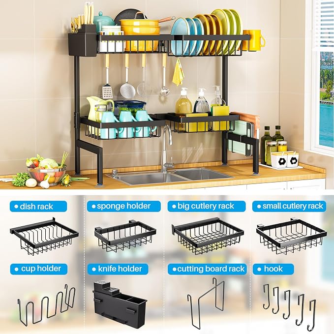 ARSTPEOE Large Over The Sink Dish Drying Rack 2 Tiers 4 Baskets | Fits All Sinks (from 26.57" to 35"), 2-Tier Adjustable SinkRack, Dishes Rack Kitchen Storage Organizer, Space Saving - Image 2