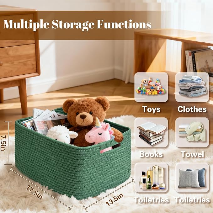 3 Pack Large Storage Basket for Organizing, 17.5"x13"x7" Woven Basket for Shelves, Closet Cube Storage Bins with Wrapped Handle, Cotton Rope Baskets for Kitchen, Clothes, Toys(Green) - Image 2