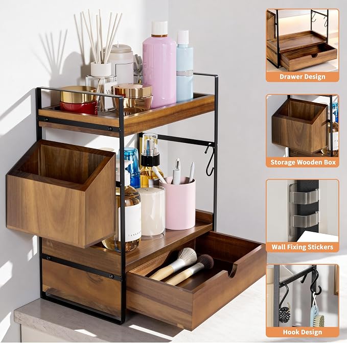 2-Tier Bathroom Counter Organizer, Acacia Wood Vanity Shelf with Drawer | Pre-Drilled Holes, Skincare & Makeup Countertop Organizer and storage, Acacia Dark Brown - Image 4