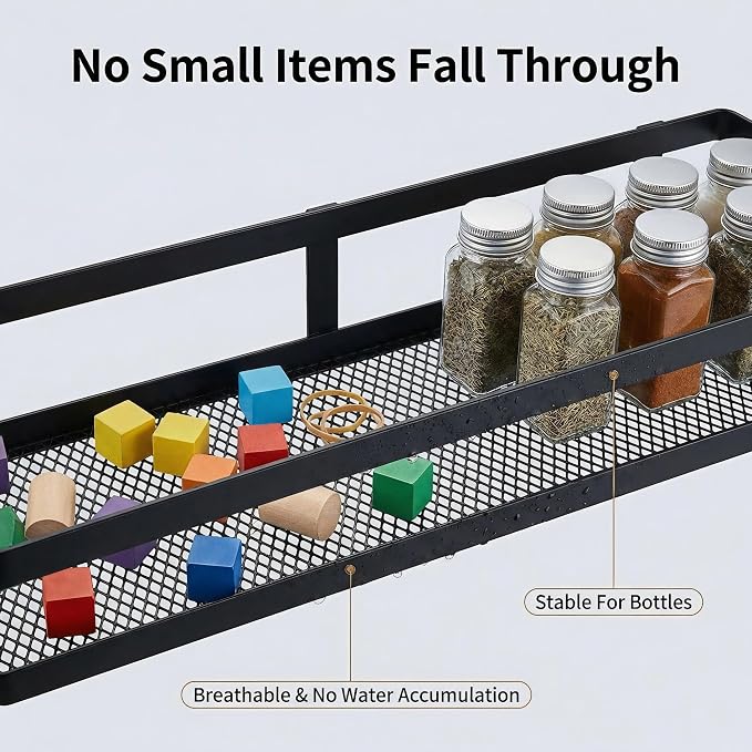 PUSDON 5-in-1 16.5" Extra Long Kitchen Organizer & Shower Caddy Set, Wall Mount Spice Rack with Paper Towel Holder, Utensil Holder & Soap Dish, Rustproof Mesh - Matte Black, Guardrail - Image 4