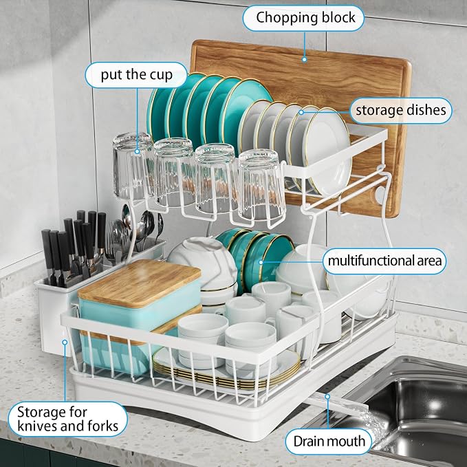 7 code 2-Tier Large Dish Drying Rack for Kitchen Counter, White | Detachable Large Capacity Dish Drainer Organizer with Auto Drain, Anti-Rust Dish Rack with Cup & Utensil Holders - Image 6