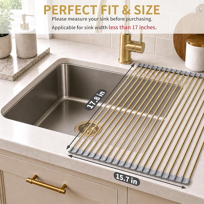 Gold Roll Up Dish Drying Rack Over Sink, Foldable Stainless Steel Drainer Non-Slip Sink Drying Rack Sink Accessories for Kitchen Countertop (17.8×15.7in) - Image 2