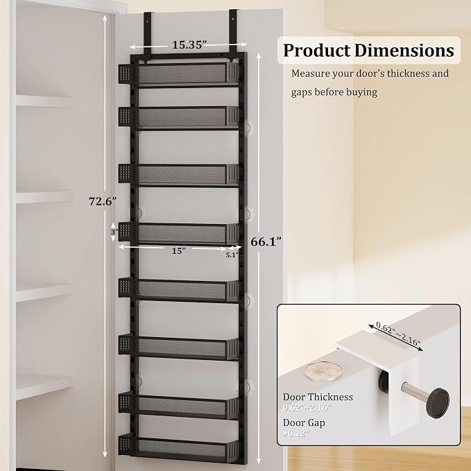8-Tier Over the Door Pantry Organizer with Adjustable Baskets | Over the Door Spice Rack, Wall-Mounted or Hanging Shelves for Kitchen, Laundry Room, Bathroom(Black,15.35"W x 5.2"D x 72.6"H) - Image 2