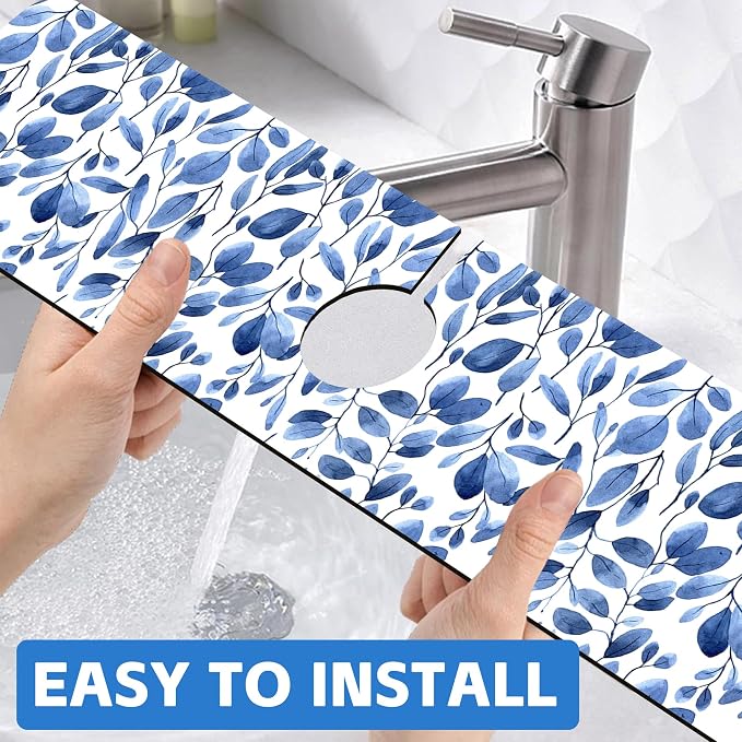 Watercolor Blue Leaves Sink Faucet Absorbing Mat Sink Splash Guard Faucet Mat Draining Mat Fast Drying Sink Protectors for Kitchen and Bathroom 5.5"×24" - Image 6