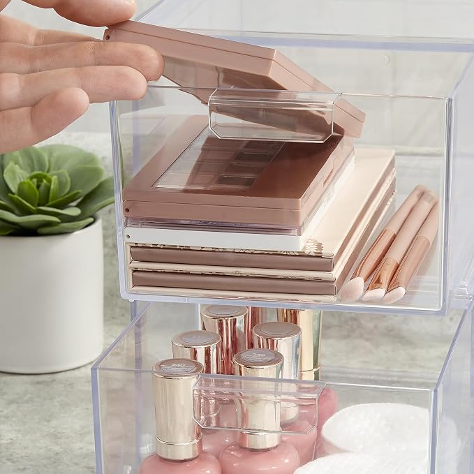 STORi Audrey Stackable Clear Bin Plastic Organizer Drawers | 2 Piece Set | Organize Cosmetics and Beauty Supplies on a Vanity | Made in USA (Pack of 3) - Image 8