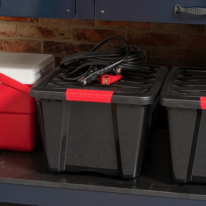 IRIS USA 4-Pack 32 Quart Storage Bins with Lids, Black | Black finish conceals stored items. Great for linens, décor, closet storage, and supplies. Nestable design saves space - Image 3