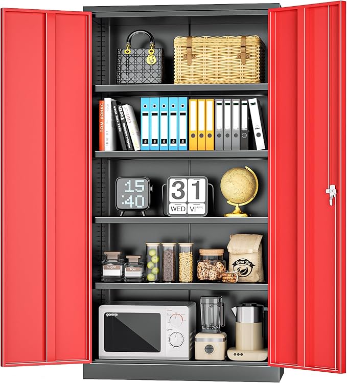 Metal Storage Cabinet with Doors, 72" Locking Steel Storage Cabinet with Shelves, Tall Metal Cabinet Lockable Steel Cabinets for Home Office, Garage,(Black+Red) by INTERGREAT