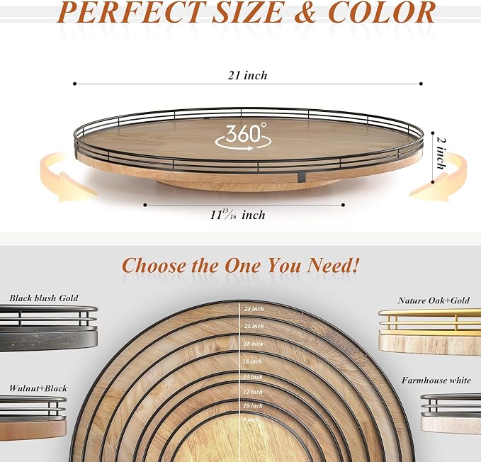 AMH 21-Inch Extra Large Farmhouse Oak Lazy Susan Organizer | Smooth rotating oak tray with walnut finish for dining tables, kitchen counters, pantries and cabinet storage. - Image 6