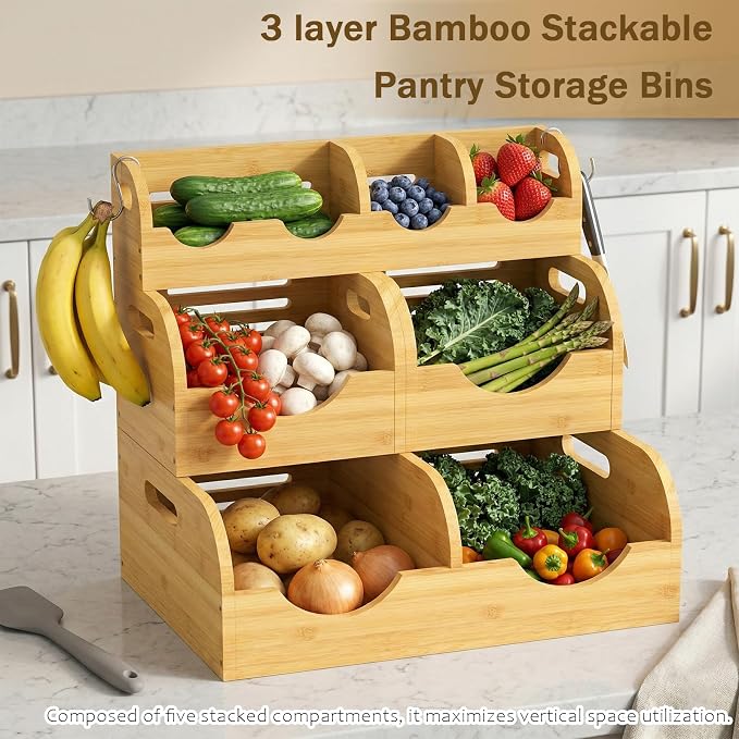Potato and Onion Storage Bin, Made of bamboo, With 2 banana hooks | With 2 Banana Hangers,Stackable Potato and Onion Storage Bin with Airflow Vent,Vegetable Storage,for Kitchen Countertop - Image 4