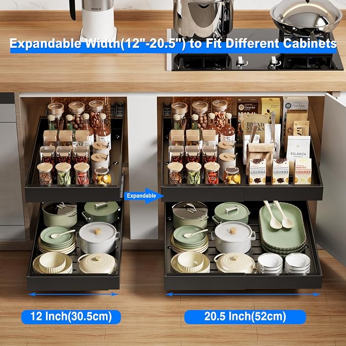 MUSTORN Expandable Pull Out Cabinet Organizer, 21"Deep Slide Out Drawer for Cabinets Adhesive Pull Out Drawers Heavy Duty Pull Out Shelves for Kitchen, Cupboard, Pantry, Bathroom(Black,1-Pack) - Image 3