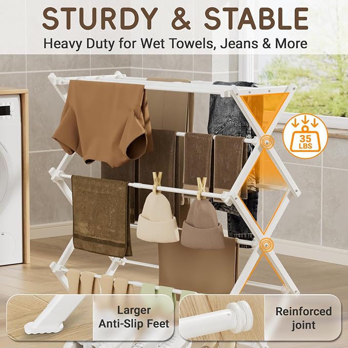 Foldable Clothes Drying Rack, Reinforced Joints, White | 35 lbs load, rustproof carbon steel, adjusts 17.7"-29"W, indoor & outdoor, tool-free - Image 2