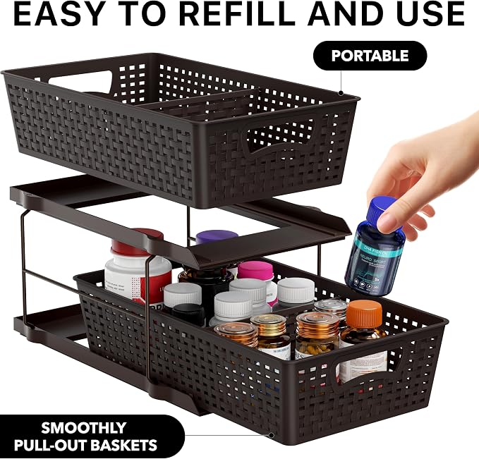 Simple Houseware 2 Tier Pull-Out Sliding Drawer Under Sink Storage, Brown | Great for Kitchen Bathroom Tray Shelf Organizer - Image 3