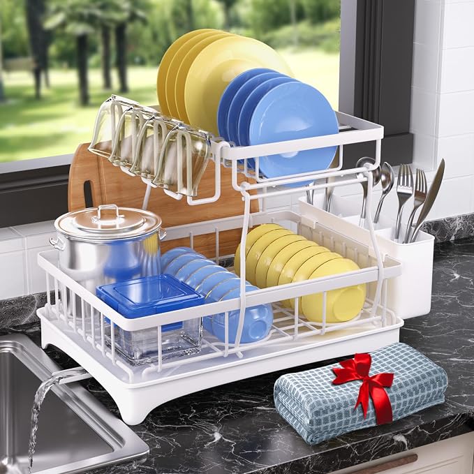 2-Tier Dish Drying Rack - Dish Rack with Auto Drain-to-Sink & Mat | Dish Racks for Kitchen Counter, Dish Drainer with Knife Fork & Cup Rack, Gifts for Women, Mothers Day, Kitchen Gadgets, White by Godboat
