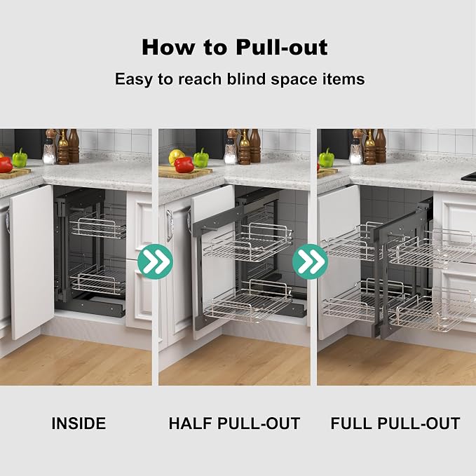 Blind Corner Cabinet Pull Out 2 Tier 4 Shelves Magic Corner Kitchen Cabinet Pull Out Shelf Organzier Soft Close Bottom Mount Min Opening 15in，Metal - Image 7