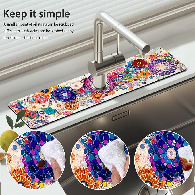 Bimkole 2 PCS Faucet Absorbent Mat, Kitchen Faucet Sink Splash Guard Wraparound Cloth Pads Drip Catcher for Sink Faucet for Kitchen Bathroom Faucet, Colorful Faucet Mat, 15 x 4 Inch Flower A3 - Image 5