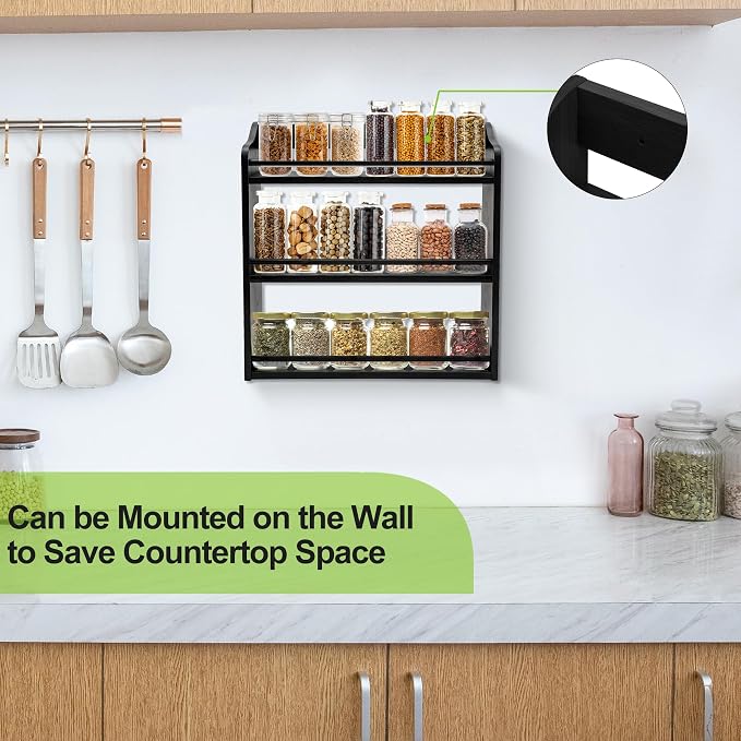 3 Tier Bamboo Spice Rack Wall Mount or Countertop,Spice Organizer | Seasoning Jars Rack Spice Shelf Organizer for Kitchen Counter or Wall Mounting (Black) - Image 5