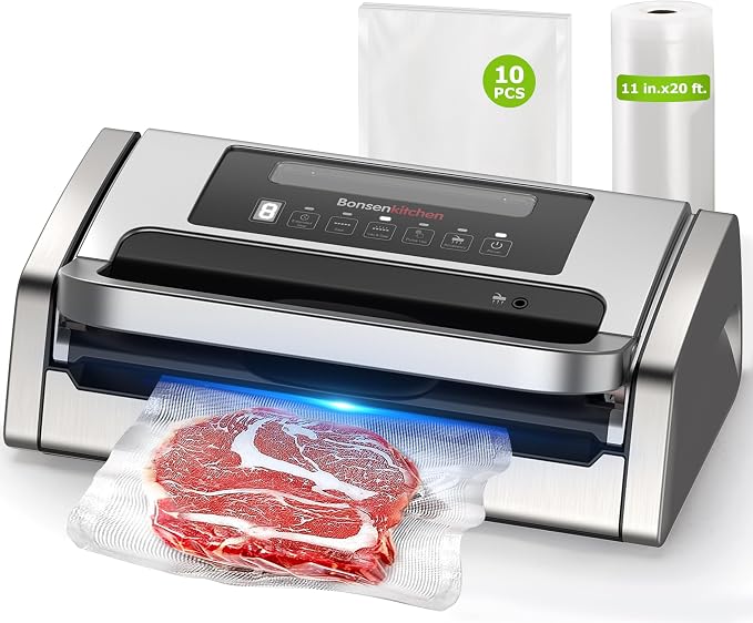 Bonsenkitchen Vacuum Sealer Machine with Globefish Technology, Low-Noise | Powerful Food Vacuum Sealer, High-Speed Continuous Working, Built-in Cutter & Bag Storage for Food Preservation, Silver by Bonsenkitchen