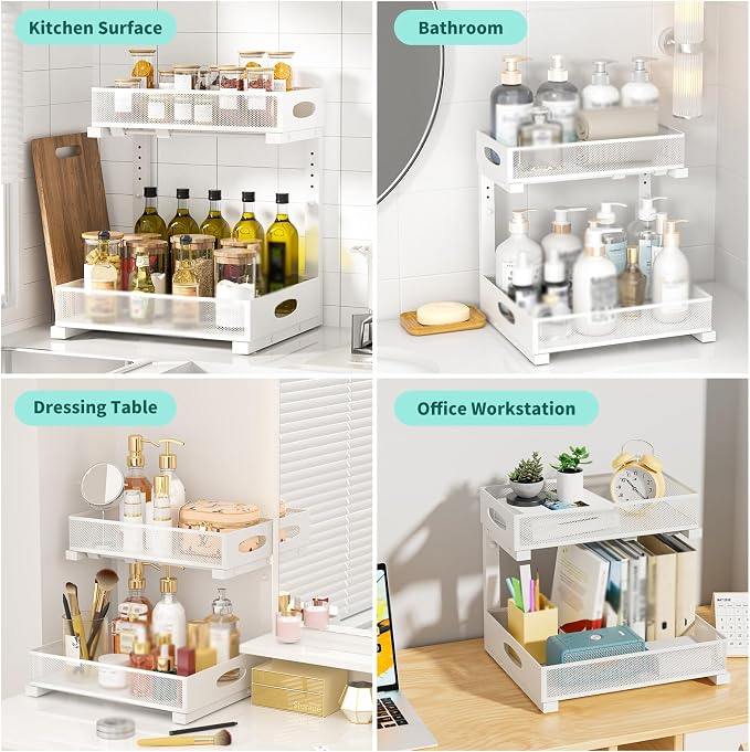 Under Sink Organizer, Extra-Wide Upgrade, 1 Pack 2 Tier Metal Slide Out Cabinet Organizer, Height Adjustable Organization and Storage Series, Bathroom/Cabinet/Kitchen organization, White - Image 5
