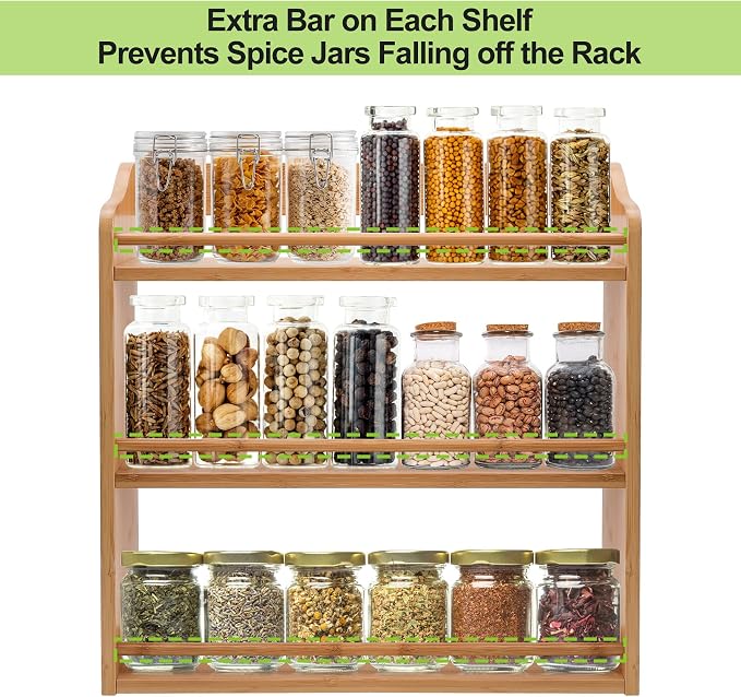 3 Tier Bamboo Spice Rack Wall Mount or Countertop,Spice Organizer | Seasoning Jars Rack Spice Shelf Organizer for Kitchen Counter or Wall Mounting - Image 5
