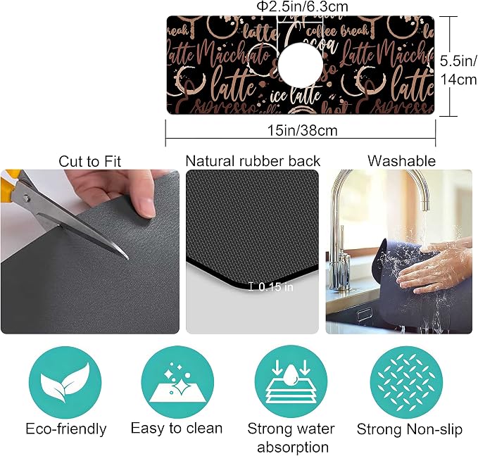 Kitchen Sink Splash Guard Faucet Mat Super Absorbent Fast Drying Mat Sink Gadgets Splash Guard Behind Faucet Drip Catcher for Kitchen (Coffee, 15x5.5in) - Image 4