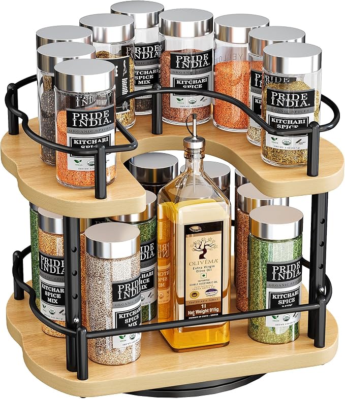 SNTD Lazy Susan Spice Rack Organizer for Cabinet, Wood, Natural, 9 in | Rotating Turntable, Height Adjustable, Space-Saving D-Shape Design, Revolving Spice Storage for Kitchen Countertop Pantry by SNTD