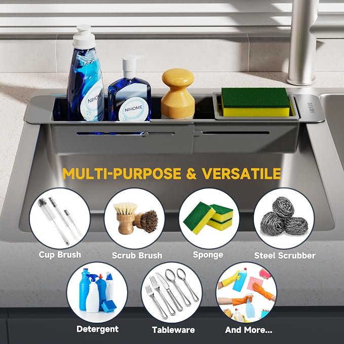 NiHome Extendable Kitchen Sink Caddy, Small Brush Sponge Storage Holder | Expandable Kitchen In Sink Organizer for Brush & Sponge w/ Drainage, Adjustable Length, Non-Slip Pads Durable ABS (Dark Gray) - Image 7