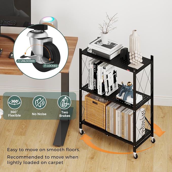 DEANIC 3 Tier Foldable Storage Shelves with Wheels, Kitchen Appliance Stand, Freestanding Metal Wire Shelf Rack, No Assembly Organizer Rolling Cart for Garage, Basement, Pantry(Black Pack of 2) - Image 9
