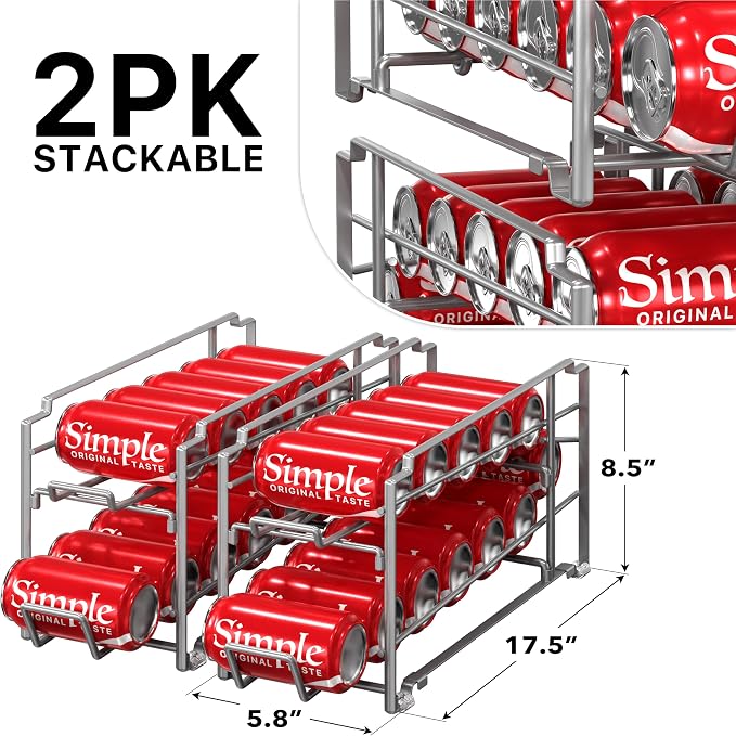Simple Houseware 2-Pack Stackable Beverage Soda Can Dispenser Rack, Silver | Metal Soda Can Soft Drink Organizer - Image 2