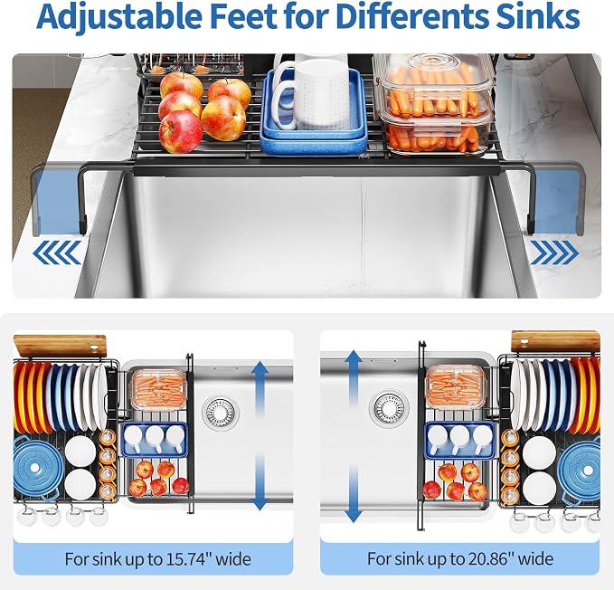 TOOLF Expandable Over The Sink Dish Drying Rack for Kitchen Counter, Black | Extend 12.56"-23.97"L,Stainless Steel & PP,Cups & Cutting Board Holder,Removable Utensil Holder,Adjustable Feet Fit Most Sink - Image 5