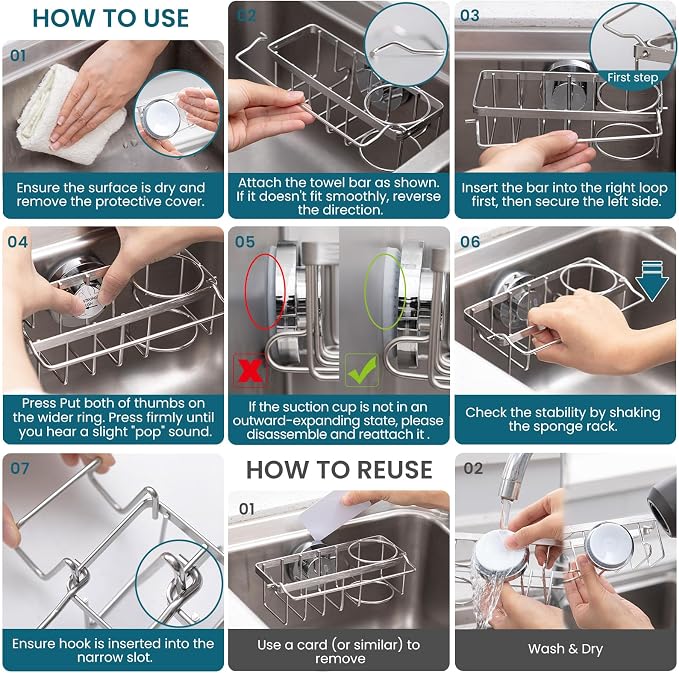 TAILI 4-in-1 Sponge Holder for Kitchen Sink with Strong Suction Cup-Silver | Removable Rustproof 304 Stainless Steel Multi-compartment Sponge Holder with Suction Cup, Keeps Brushes & Scrubbers Tidy - Image 7