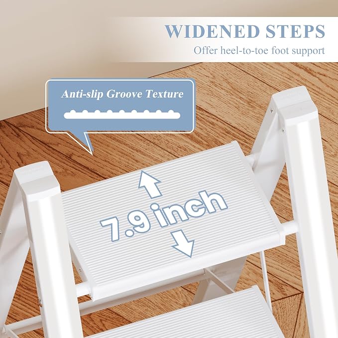 4 Step Ladder, Foldable Aluminum Step Stool with Anti-Slip Pedal | Lightweight yet Sturdy, Portable, Non Slip Feet, 300Lbs Capacity, Elegant Look, for Kitchen, Closet, Pantry, White - Image 2
