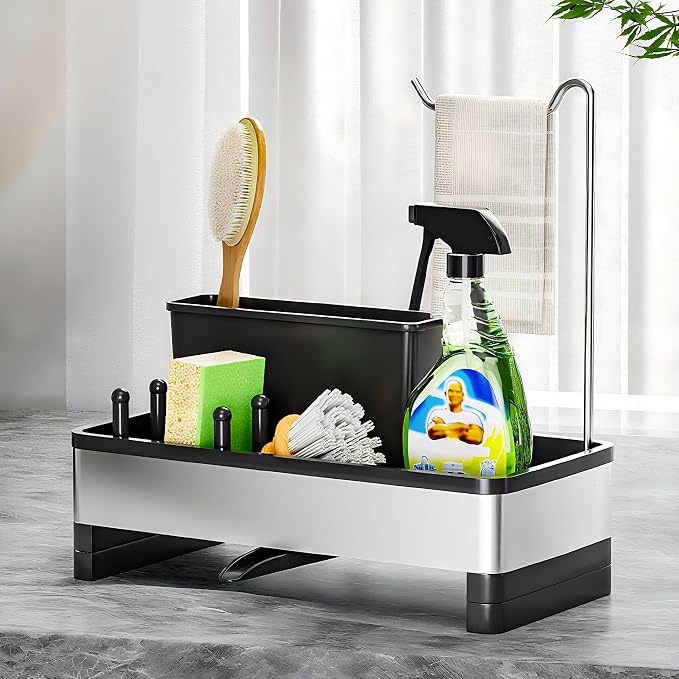 Ewaiira Sponge Holder for Kitchen Sink, Stainless Steel Sink Caddy | with Brush Holder & Dishcloth Rack, Countertop Sink Organizer, Soap Dispenser Kitchen Organizers Storage (D-Black 9.8″) by EwaiiraHomeStorageOrganizer