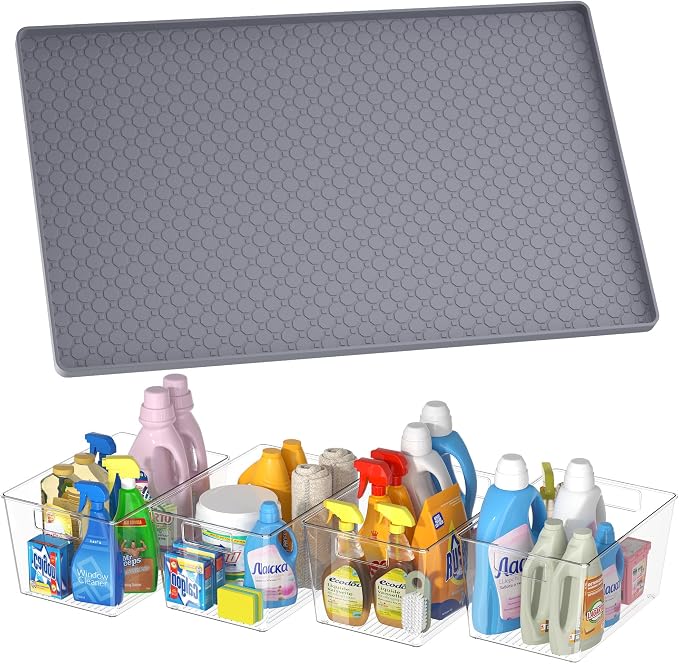 Waterproof Under Sink Mat 34"x22" with 4 Pcs Clear Plastic Storage Bins, Kitchen Bathroom Under Sink Organizer Set, Cabinet Shelf Liner Protection Mat for Pantry Apartment Home Organization Essentials by EHME+EHME+EHME