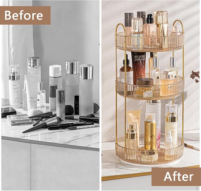 Rotating Makeup Organizer for Vanity, High-Capacity Skincare Clear Make Up Storage Perfume Organizers Cosmetic Dresser Organizer Countertop 360 Spinning (Gold, 3 Tier) - Image 3